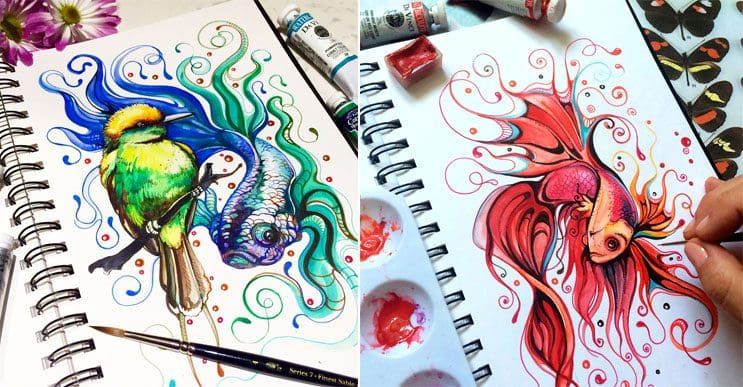 Criaturas y colores vibrantes que viven en un cuaderno de bocetos