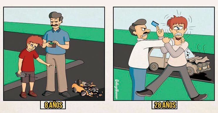 Ilustraciones que muestran el radical cambio de actitud de nuestros padres cuando crecemos